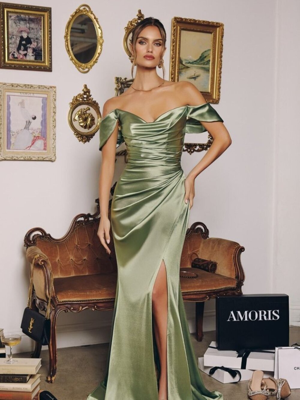 New Sage Off The Shoulder Elegant Sheath Formal Stretch Satin Dress CD T610